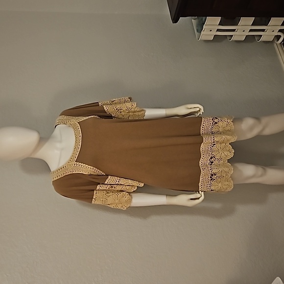 JUDITH MARCH Brown Crochet Metallic Lace Trim Boho Mini Dress - Picture 2 of 10